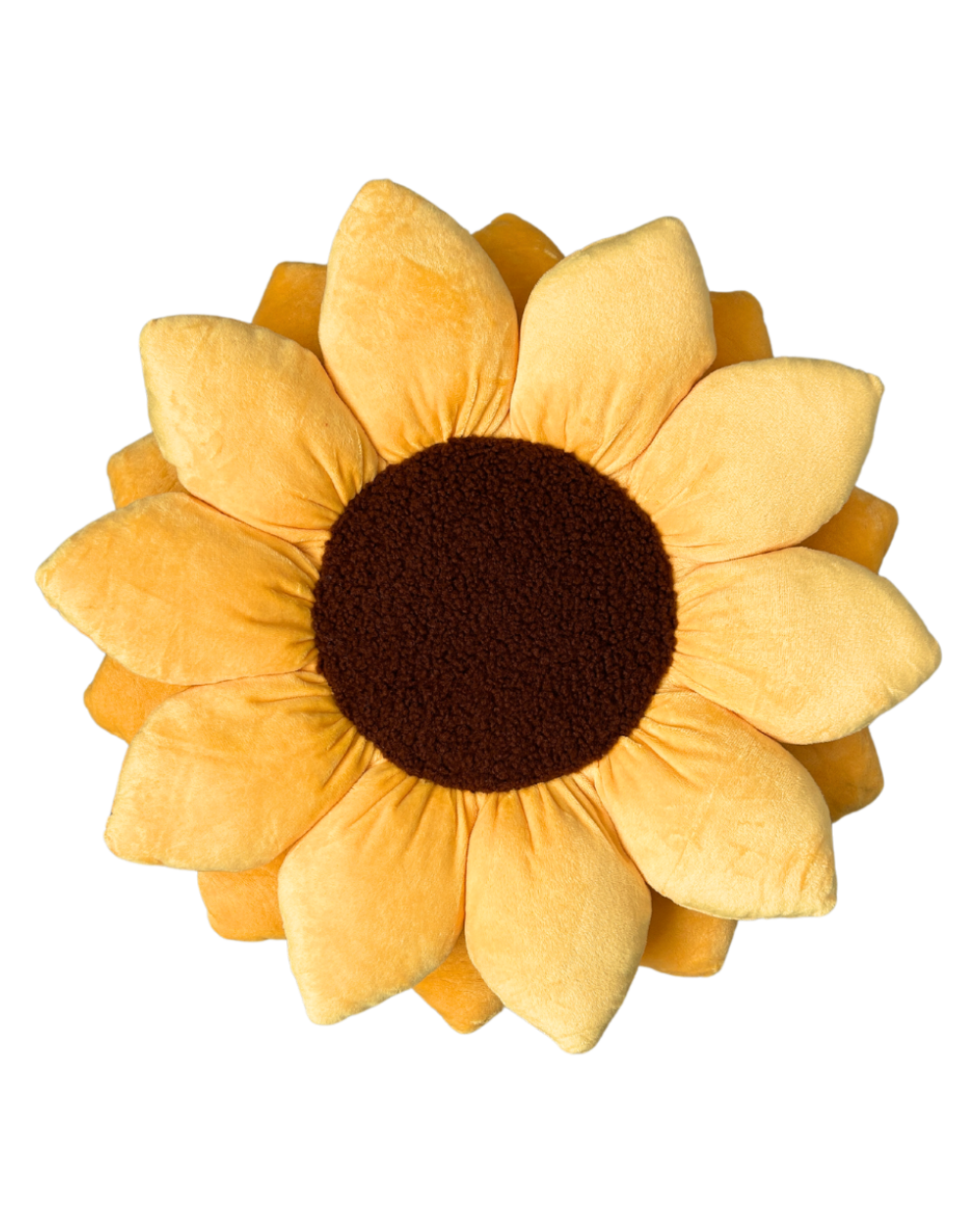 A plush sunflower pillow with a brown center and golden yellow petals.